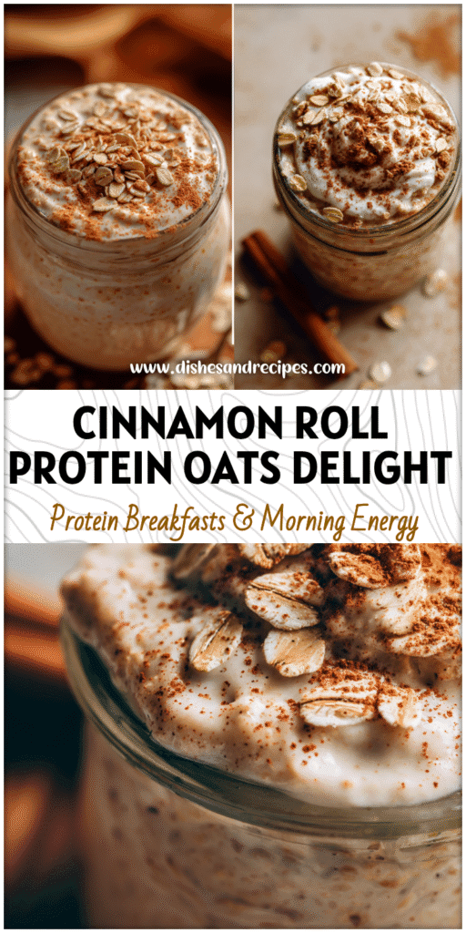 A jar of creamy cinnamon roll protein oatmeal topped with oats and cinnamon, a Yummy Healthy Overnight Oats treat.